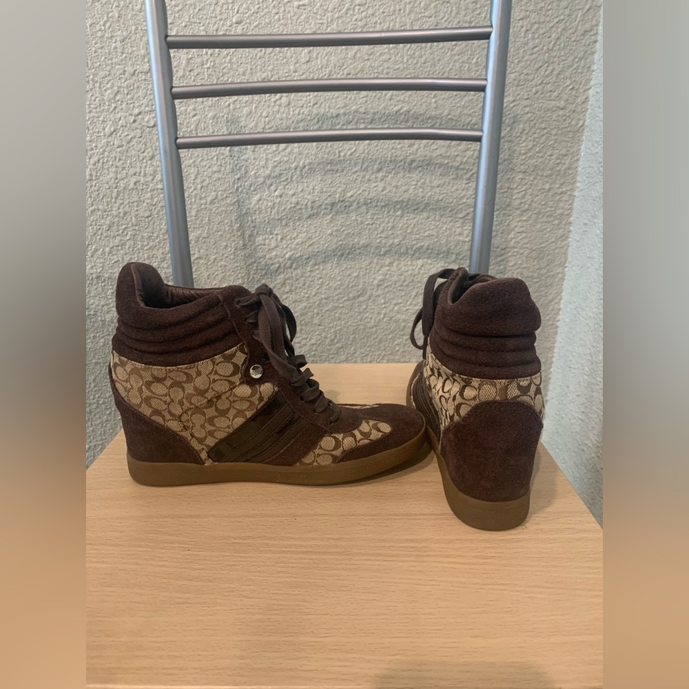 Coach Alara Brown Signature Canvas Wedge Sneakers